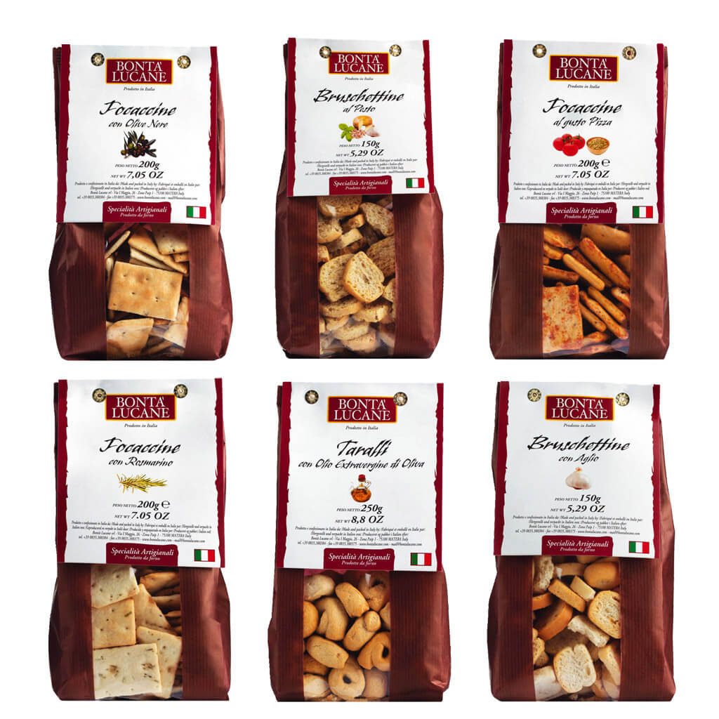 Sechs Tüten aus dem 6er Salzgebäck Probierpaket von Bontà Lucane s.r.l. mit einer Auswahl an italienischen Crackern und Brotsnacks, verpackt in charakteristischen braunen und weißen Tüten.