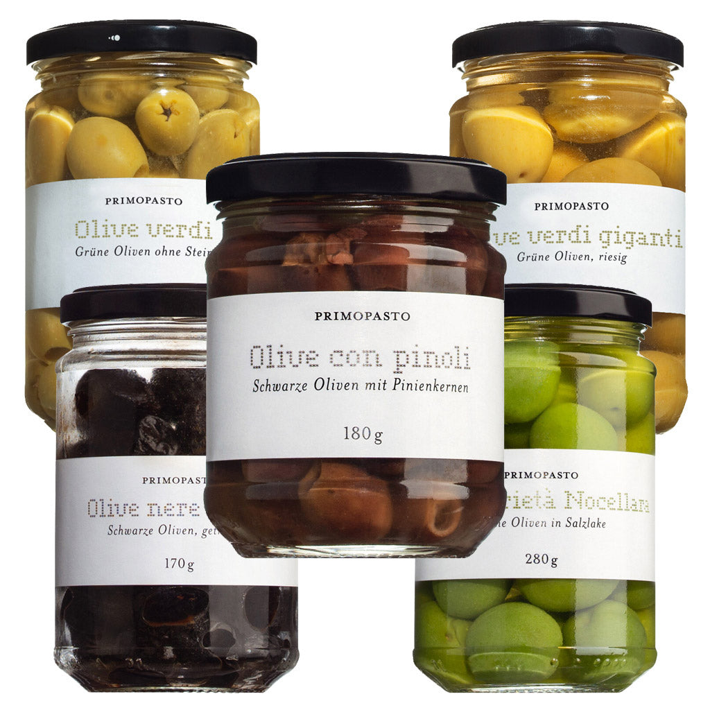 Das 5er Oliven Probierpaket von Primopasto enthält fünf verschiedene Olivensorten - ideal zum Kennenlernen der Marke Primopasto.
