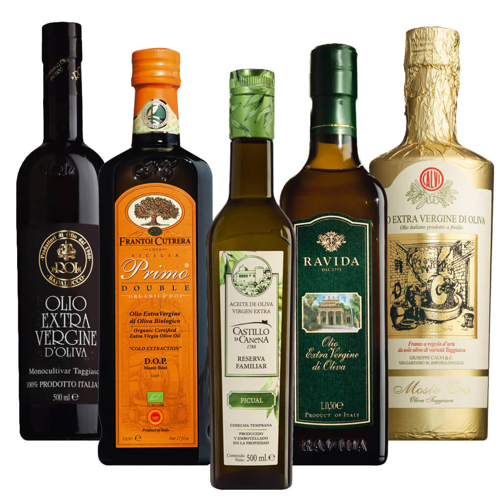 Der Mondogusto 5er Olivenöl nativ extra Probierpaket Bestseller besteht aus fünf Flaschen nativem Olivenöl extra, jede mit eigenem Etikett und Verpackung, die in einer Reihe stehen.