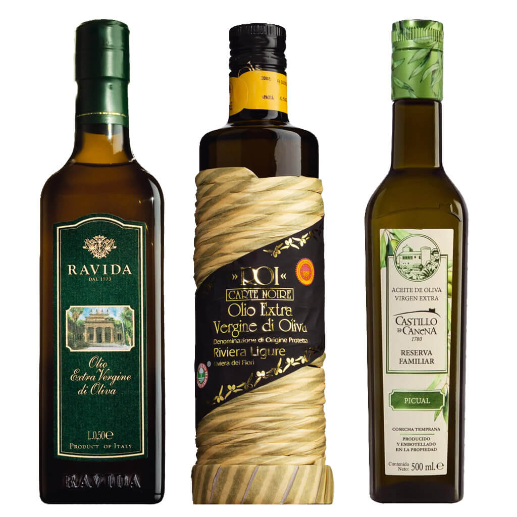 Drei Flaschen Mondogusto 3er Olivenöl nativ extra Probierpaket Top 3, jede mit eigenem Etikett und Verpackung, stehen aufrecht nebeneinander.