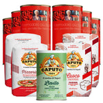 Das Mondogusto Pizza Probierpaket Caputo besteht aus italienischem Caputo-Mehl, Trockenhefe und San Marzano-Tomaten in Dosen, die kunstvoll zusammengefügt sind.
