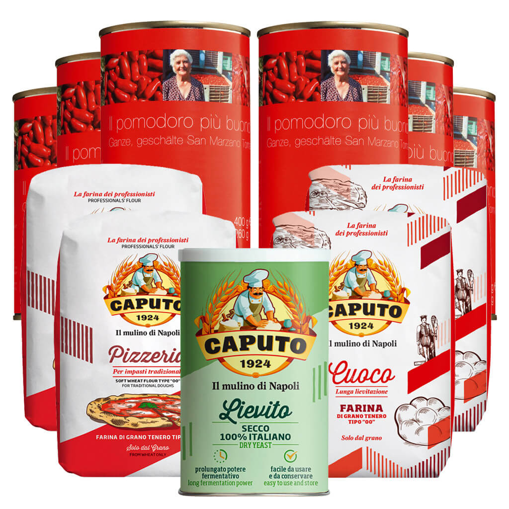 Das Mondogusto Pizza Probierpaket Caputo besteht aus italienischem Caputo-Mehl, Trockenhefe und San Marzano-Tomaten in Dosen, die kunstvoll zusammengefügt sind.